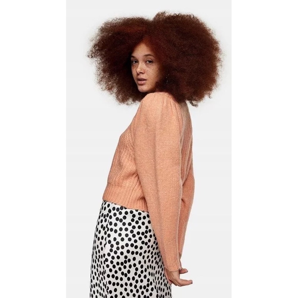 💗 TOPSHOP Peach Orange Cable Knit Puff Sleeve Rib Pullover‎ Small UK4/6  36-38